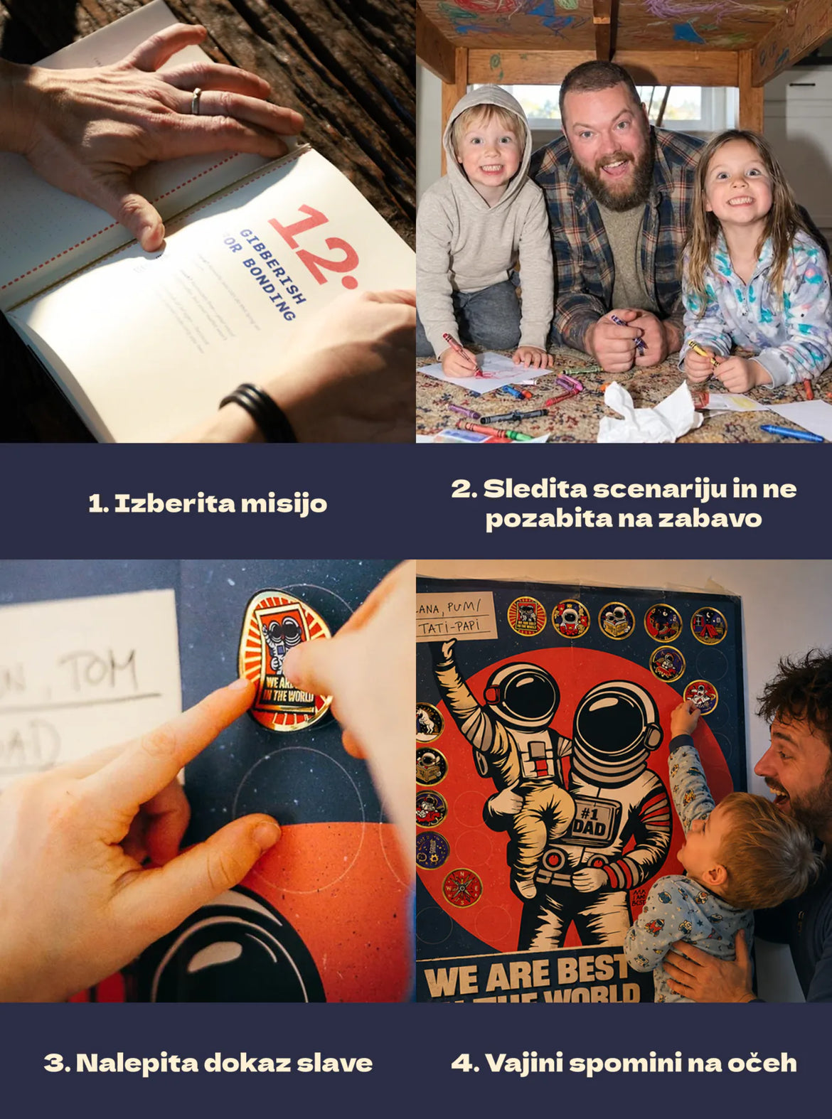Štirje koraki: izberita misijo, sledita scenariju, nalepita dokaz slave in ohranita skupne spomine