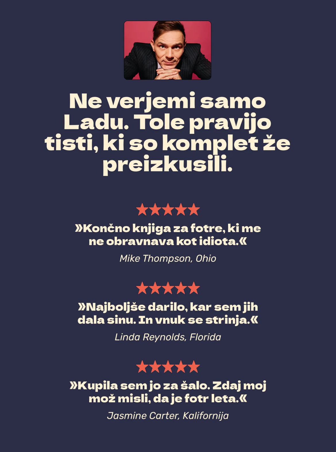 Grafika s tremi kratkimi mnenji in petimi zvezdicami, napis »Ne verjemi samo Ladu. Tole pravijo tisti, ki so komplet že preizkusili.«