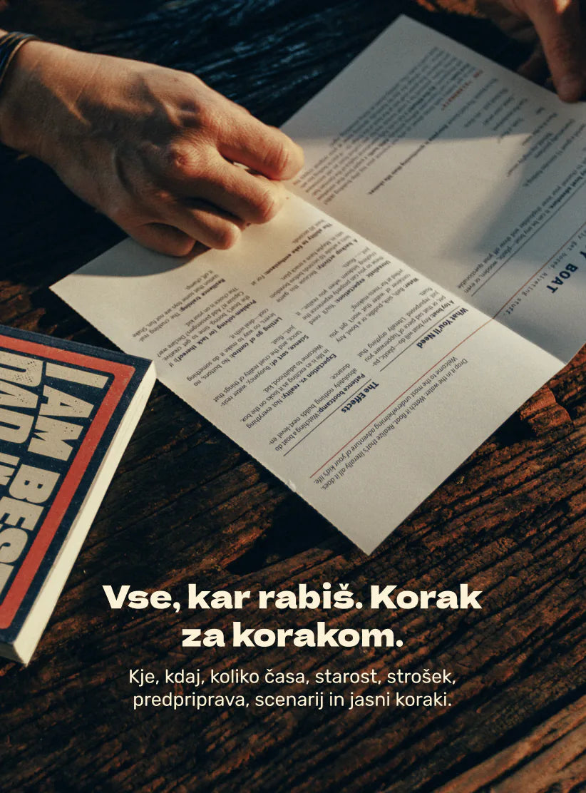 Close-up: fotrova roka drži list misije iz komičnega priročnika Jaz sem najboljši Fotr, napis »Vse, kar rabiš. Korak za korakom.«