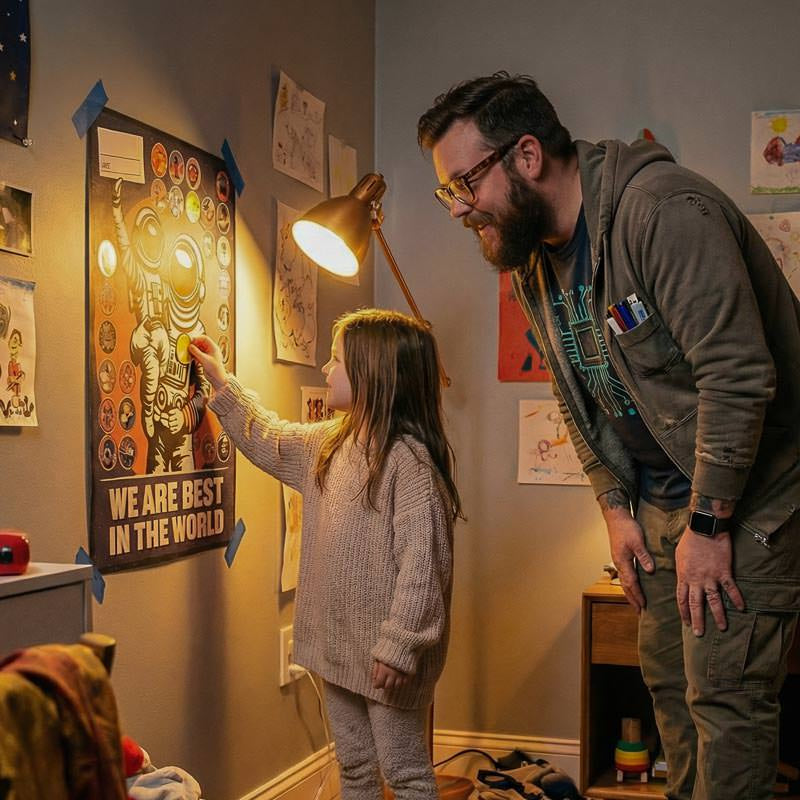Man and child looking at a poster together in a room with a lamp and various items on the wall.