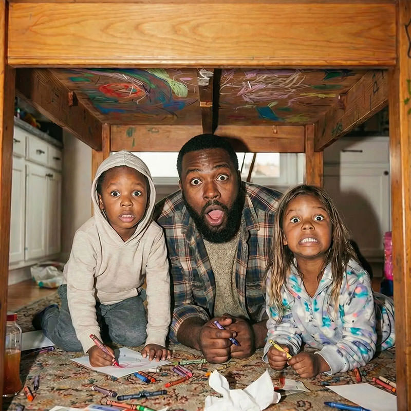 Three children and a man sitting under a wooden cabinet with crayons on a table.