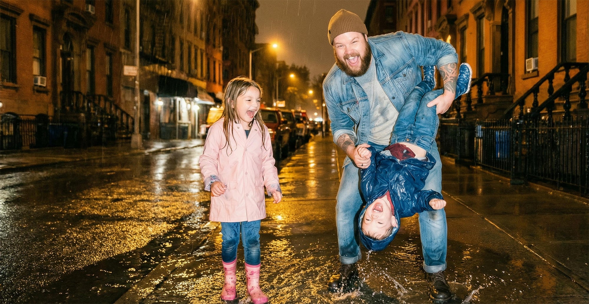 Man and child playing in the rain on a city street at night.
