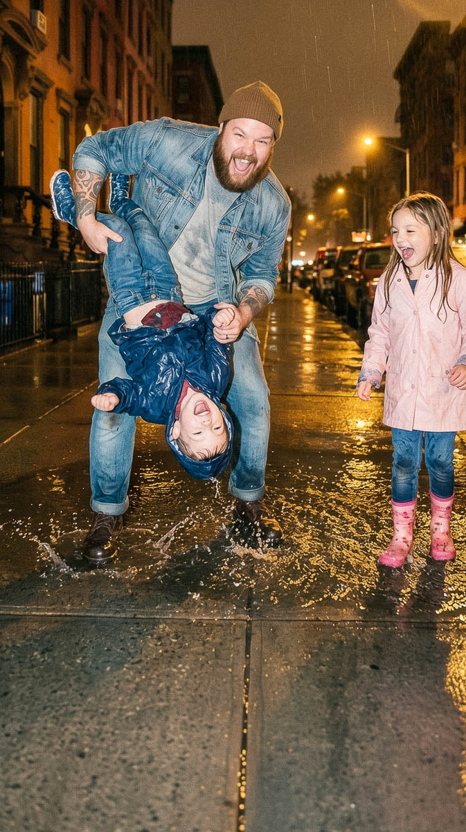 Man and child playing in a puddle on a city street at night.