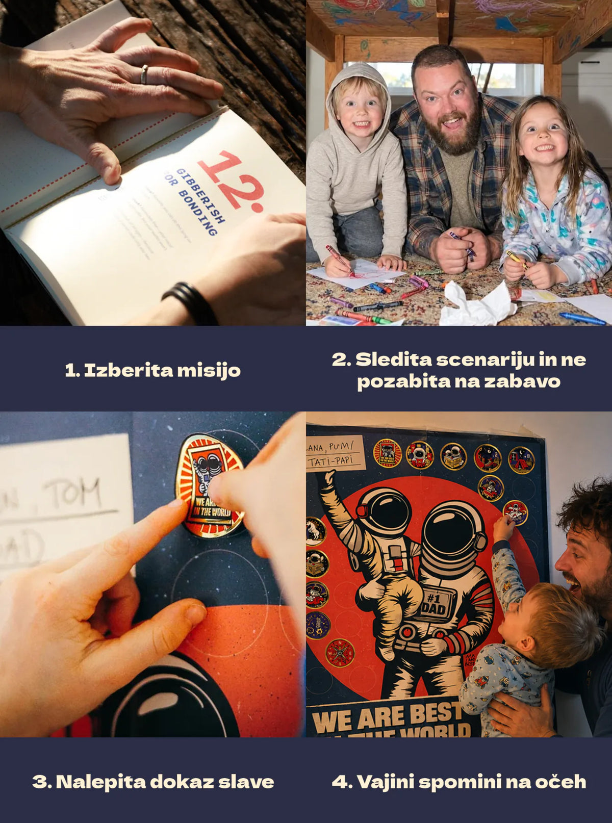 Štirje koraki: izberita misijo, sledita scenariju, nalepita dokaz slave in ohranita skupne spomine