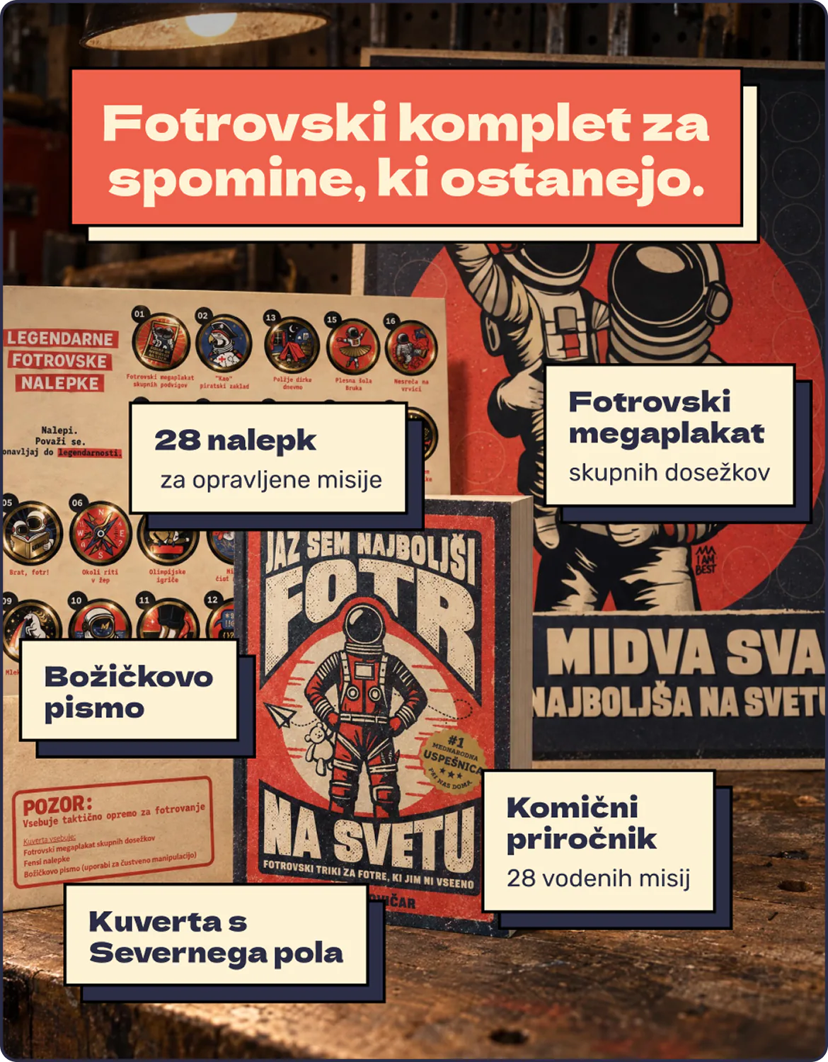 Komplet Jaz sem najboljši Fotr: 28 nalepk, megaplakat, Božičkovo pismo, kuverta s Severnega pola in komični priročnik z 28 vodenimi misijami